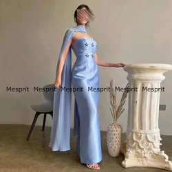 Vestido de noche de sirena azul cielo, capa de gasa desmontable personalizada, cristales sin tirantes, longitud hasta el tobillo, vestidos de cóctel de Arabia Saudita