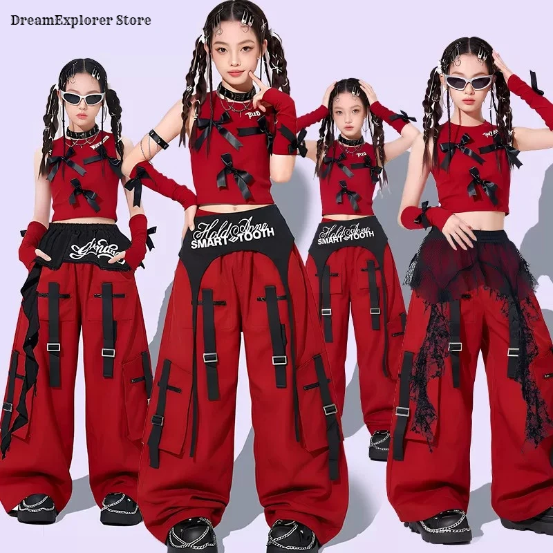 Hip Hop Kids Bow Crop Top Webbing Cargo Pants‌ Girls K-pop Streetwear Children Jazz Street Dance Costume Girl Group Clothes Sets