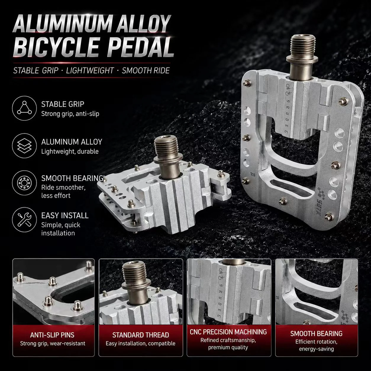Ultraleichte, faltbare Fahrradpedale, 3-Lager-Titanachse, CNC-Aluminium, rutschfeste Stifte, 9/16-Zoll-Gewinde, Rennradpedal – Detail 8