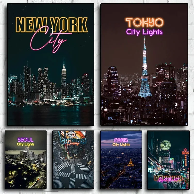 Large-sized 1pc frameless Canvas Painting Modern Night View of Cityscape Tokyo New York Paris City Lights Aesthetic Poster Canva