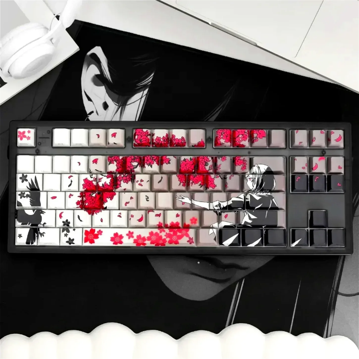 Sakura Raven Keycaps Sakura Sisi Terukir Tembus PBT Sublimasi Termal 130 Tombol untuk MX Switch Gaming Mekanis Keyboard