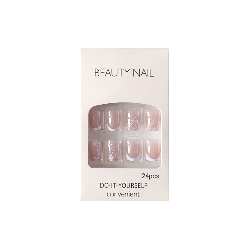 24Pcs Small Flower French False Nails Gradient Color Square Press on Nails Set Glossy Full Cover Fake Nails With Glue Stick