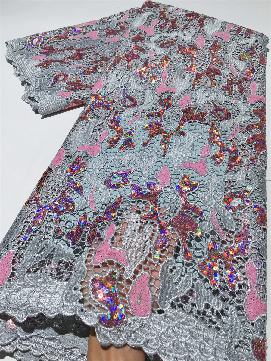 Nigerian Water Soluble Lace and Fabric Sequins African Guipure Cord Lace Fabric Embroidery Dresses For Women Latest,5yards 4058