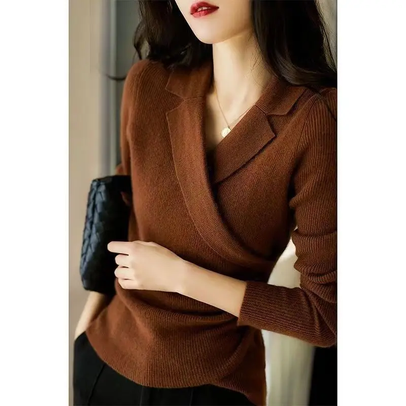 Office Lady V-Neck Solid Color Slim Sweaters Fashion Criss Cross Elegant All-match Women's Long Sleeve Jumpers Spring Autumn