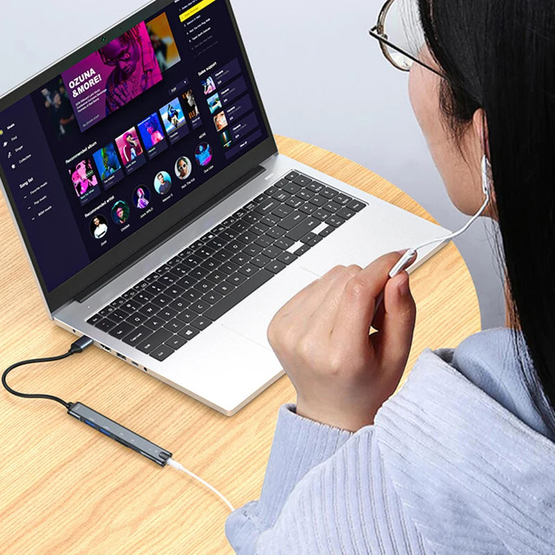 محور 5 في 1 مع 3.5 ملم من النوع C إلى USB HUB شاحن تمديد محول صندوق محول مع قارئ بطاقات TF Micro SD مقسم USB #3