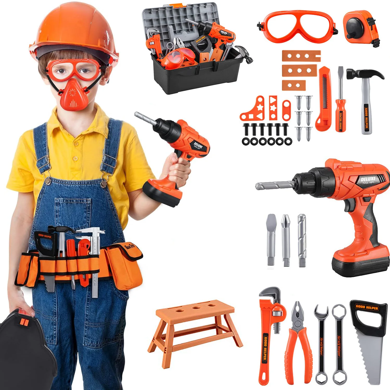 Set da 44 pezzi Kit di strumenti per giochi di finzione con trapano elettrico Scatola giocattolo per strumenti di costruzione per bambini Ragazzi e ragazze con sedia