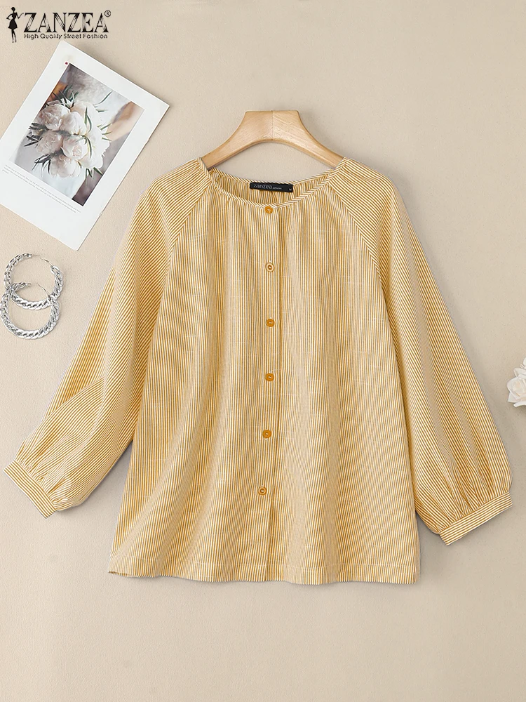 2025 ZANZEA Autunno Camicie a righe Top a maniche lunghe Donna elegante OL Camicetta da lavoro Bottoni casual Up Blusas Chemise femminile Oversize