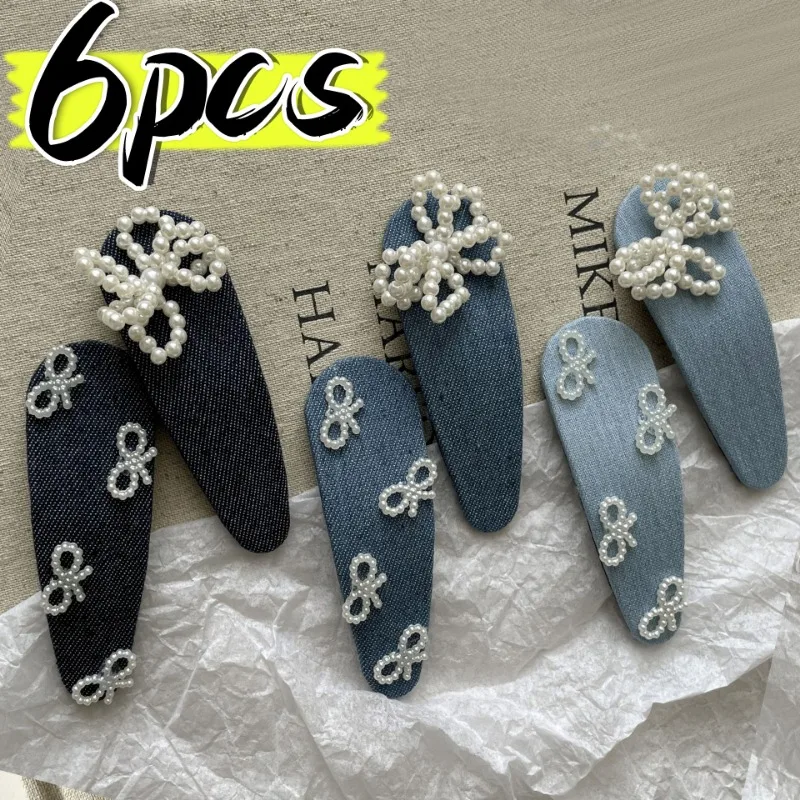 1/6Pcs Vintage Denim Bowknot BB Clips Women Sweet Pearl Bangs Side Hair Clips Blue Cowboy Girls French Drop Shape Hairpins