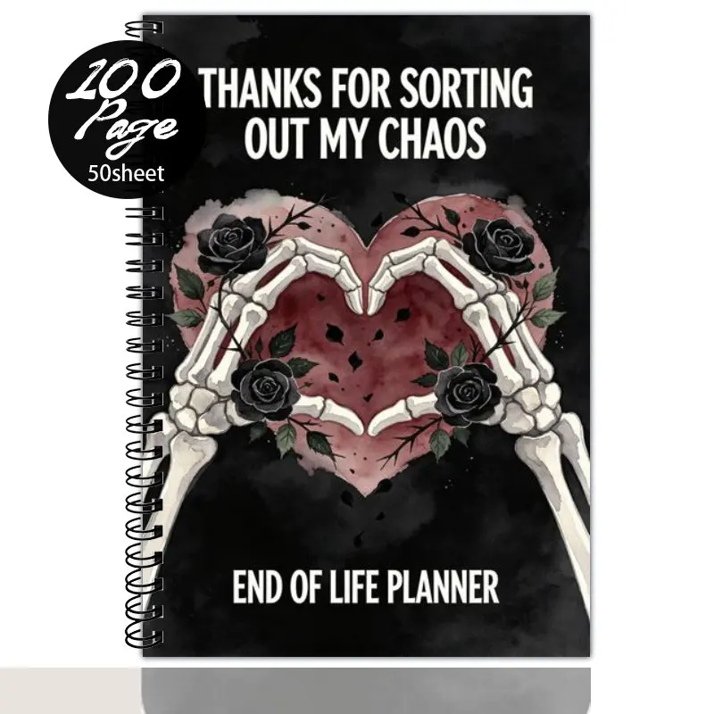 A5 Spiral Notebook Funny End Of Life Planner,Final Wishes Planning Guide for Your Loved Ones,Gothic Skeleton Hands Heart Pattern