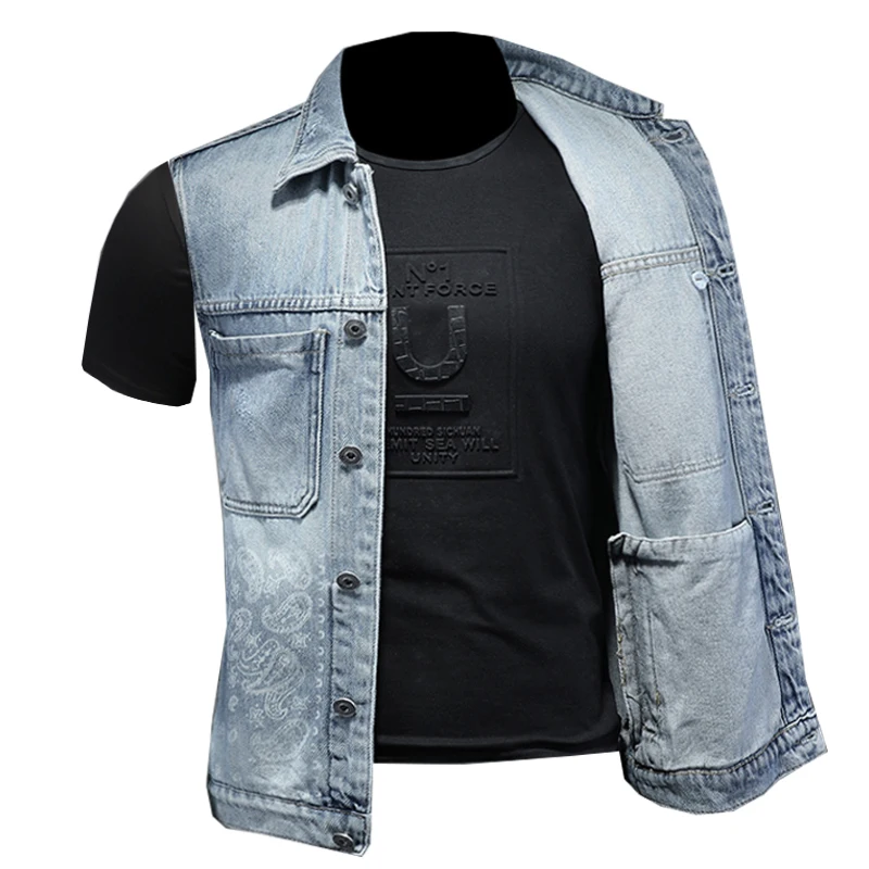 Hochwertige, modische, lässige, vielseitige, coole Jeansweste mit mehreren Taschen, laserbedruckte Jeansweste für Herren, Jeansweste