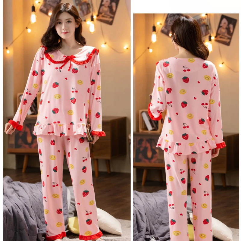 Primavera autunno nuovi indumenti da notte manica lunga da donna carino colletto della bambola pigiama sciolto Set stile coreano dolce studente Homewear Suit