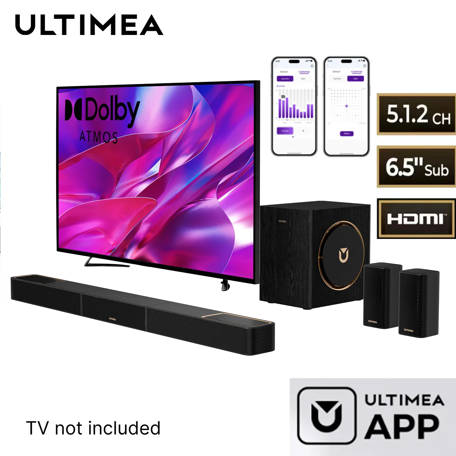 ULTIMEA Skywave X40 5.1.2ch Barre de Son TV Sans Fil avec Dolby Atmos, Barre de Son Home Cin�ma avec Caisson de Basses Sans Fil 6,5 pouces, Amplificateur GaN, Transmission 4K HDR, HDMI eARC, BT 5.4