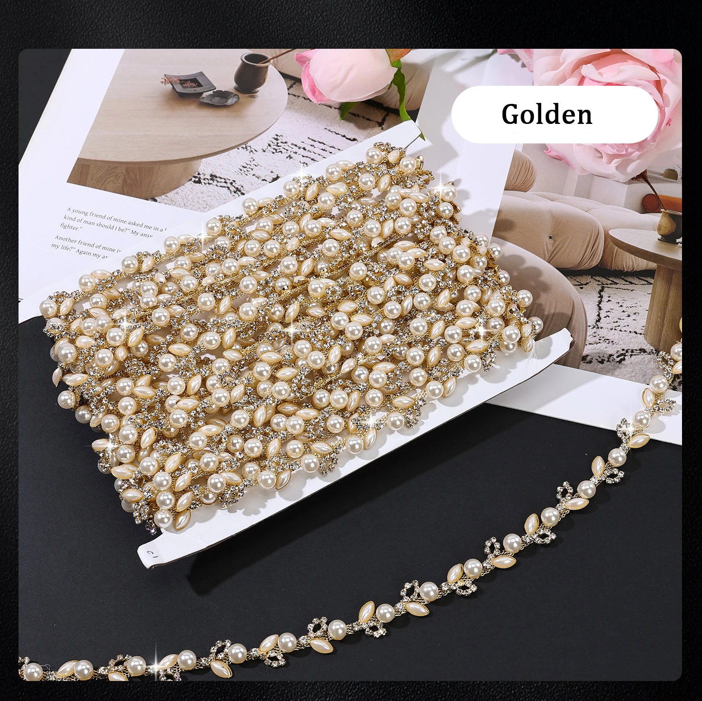 10 Yards Strasskette DIY Bastelzubehör Nähzubehör Eingelegte Perlen Blattform Strassband Party Geschenk Dekoration – Detail 4