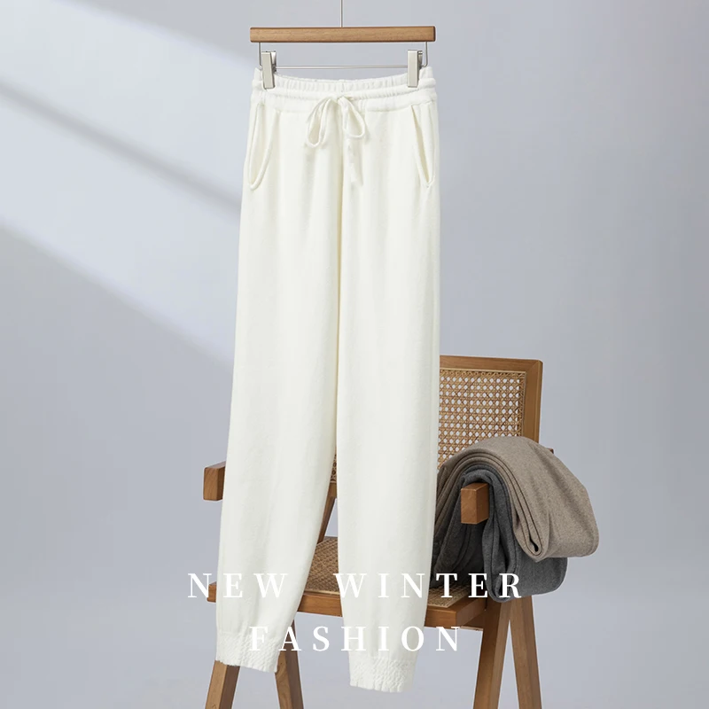 2025 New Women Cashmere Trousers Elastic Leg Pants Autumn Winter  Cashmere Knitwear Pockets Pencil Pants Drawstring Pants women