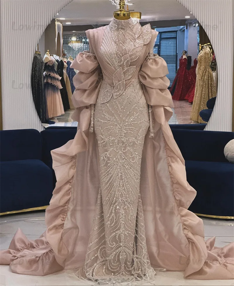 High Quality Customized 3D Leaf Design Dubai Long Sleeve Evening Dresses With Ruffles Cape Sleeve Arabic Muslim Prom Party Dress