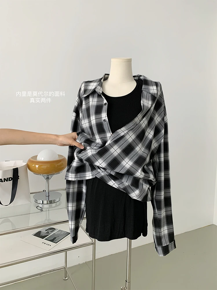 

Autumn Women Vintage Contrast Color Classical Plaid Shirts Long Sleeve Blouses Oversize Japanese Y2k Streetwear Tide BF Style