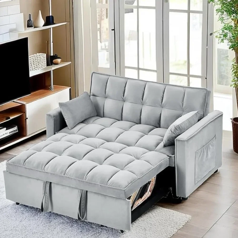 

3 in 1 Convertible Sofa, 2-seat Velvet Pull Out Fabric Couch Chaise , Living Room Gray Sofa bed