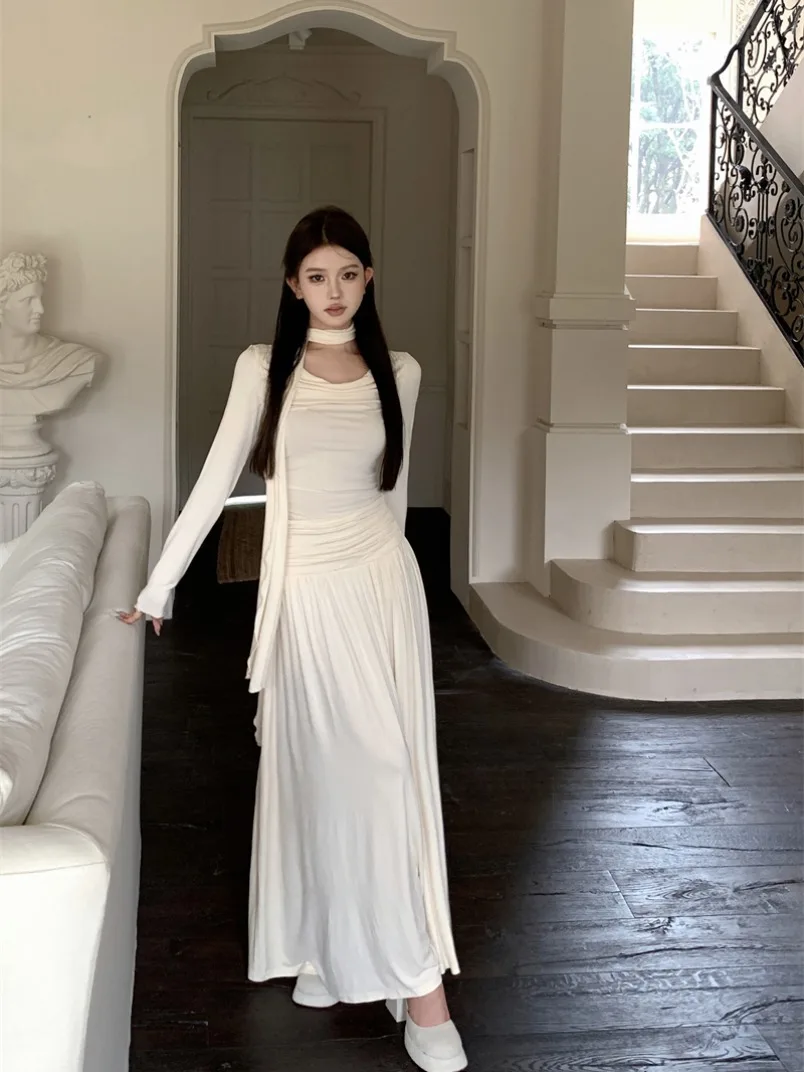 Jurken Damesjurk met lange mouwen Lente Chiffon Blauw Ruches Col Losvallend Flowy Fairycore Gedurfd Jeugdig All-match