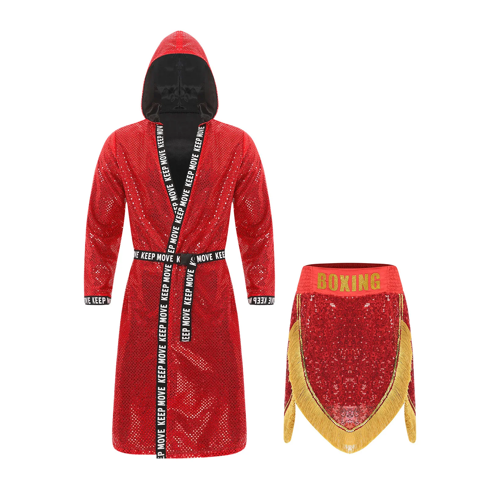 Men Boxing Robe Long Sleeve Sequins Hooded Cloak with Belt And Fringes Boxing Shorts for Boxing Muay Thai Martial Arts Training