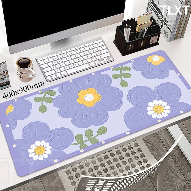 Kawaii Mousepads Desk Rugs Flowers Mousepad Large Mouse Mat Violet Desk Pads Keyboard Mats XXL Cute Mouse Pad 100x55cm Overlock