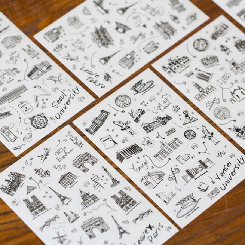 

6 Sheets/Pack World Architecture Decoration Scrapbooking Stickers Transparent PVC Stationery Planner Stickers