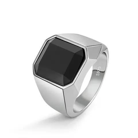 100% 925 Sterling Silver Men Black Onyx Square Agate Signet Ring Woman Index Finger Ring Sizes 6 to 13 Band Boy Jewelry Gift