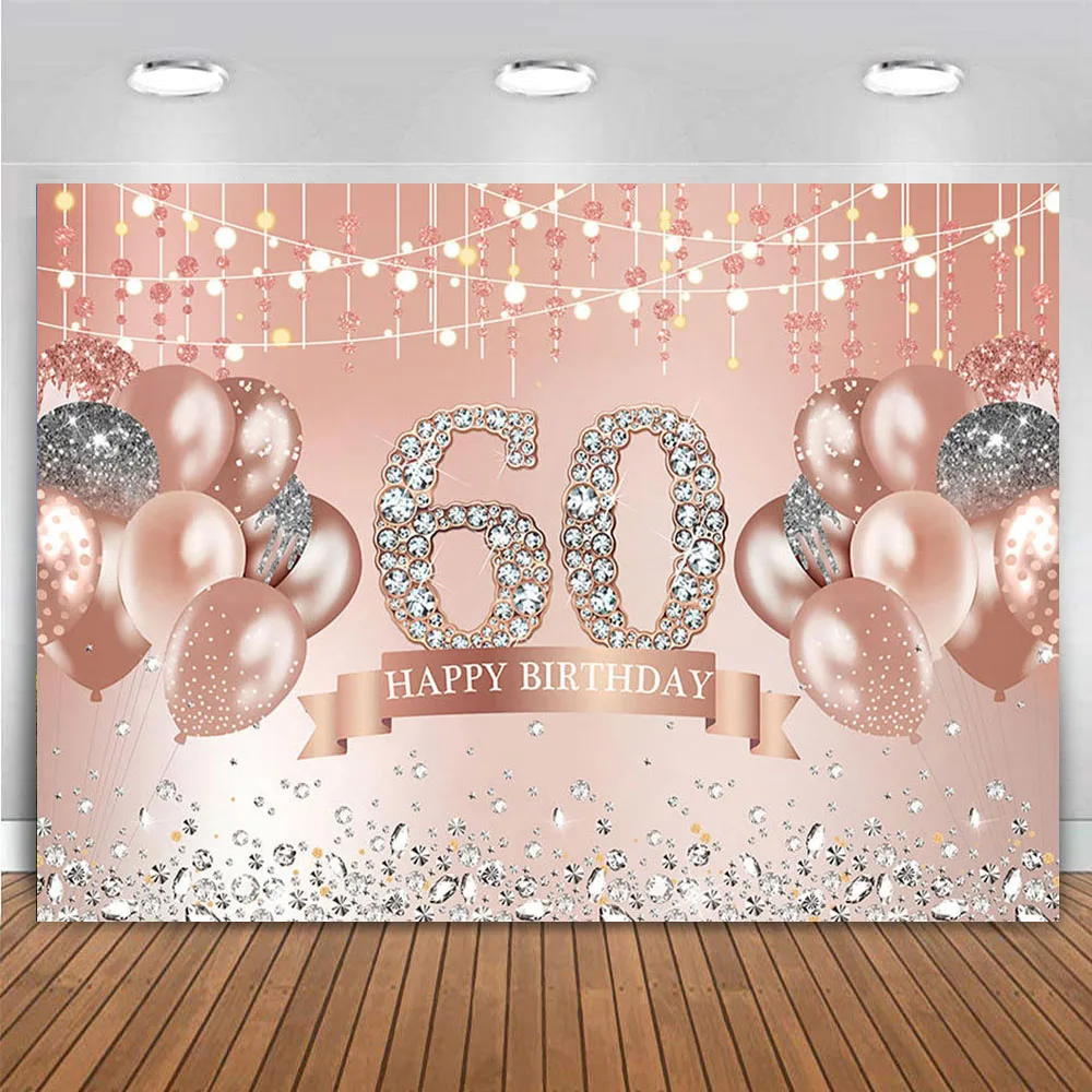 Rose Gold Black White Silver Blue Pink Purple Green 60th Birthday Party Decor Backdrop Banner Background for Women Men 60 Years