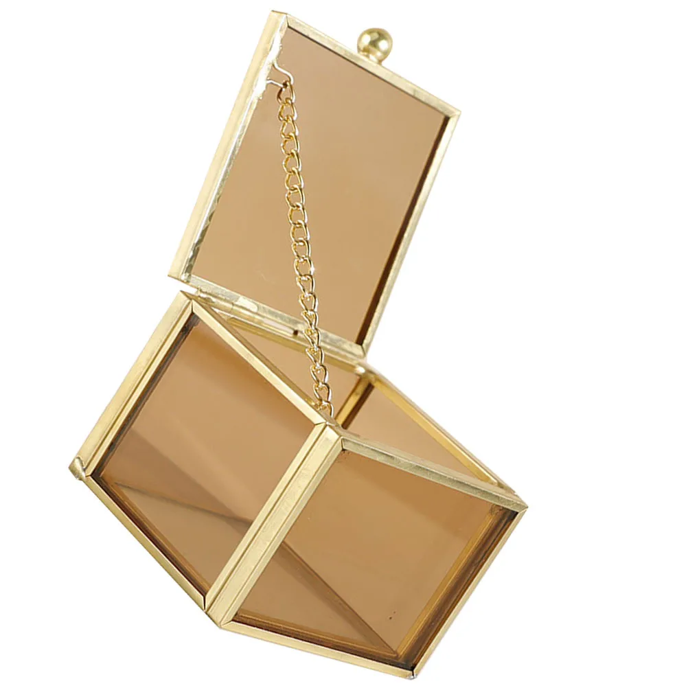 صندوق مجوهرات زجاجي مربع تصميم نحاسي عتيق للأقراط والخواتم والقلائد وتخزين منظم تذكار مكتب منزلي #4