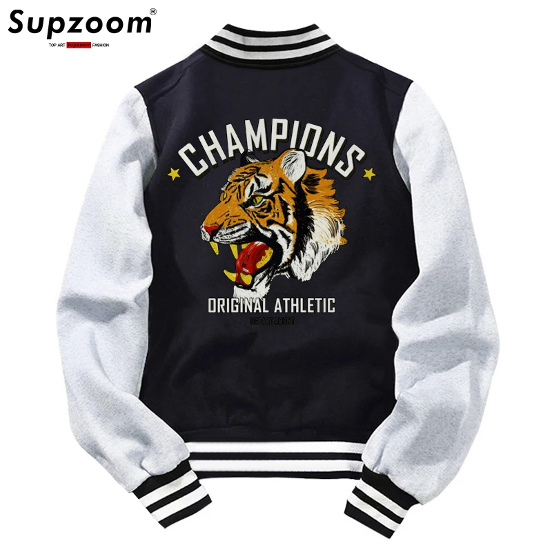 

Supzoom New Arrival Rib Sleeve Cotton Top Fashion Tiger Logo Single Breasted Casual Bomber Baseball Jacket Loose Cardigan Coat