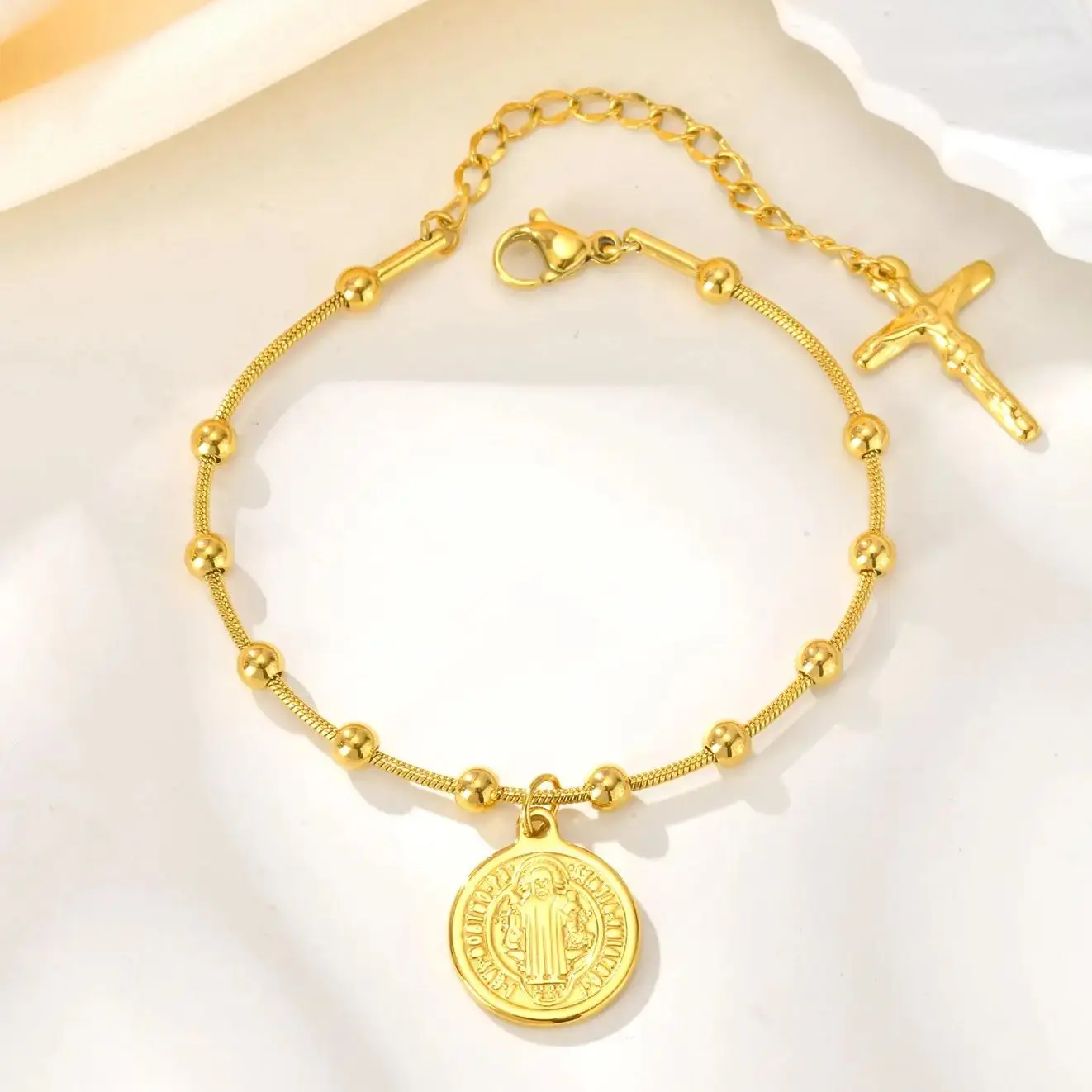 سوار سلسلة مسبحة الصليب الكاثوليكي من Vnox، أساور نسائية من الفولاذ المقاوم للصدأ مريم العذراء وسانت بنديكت، هدية الإيمان الديني #2