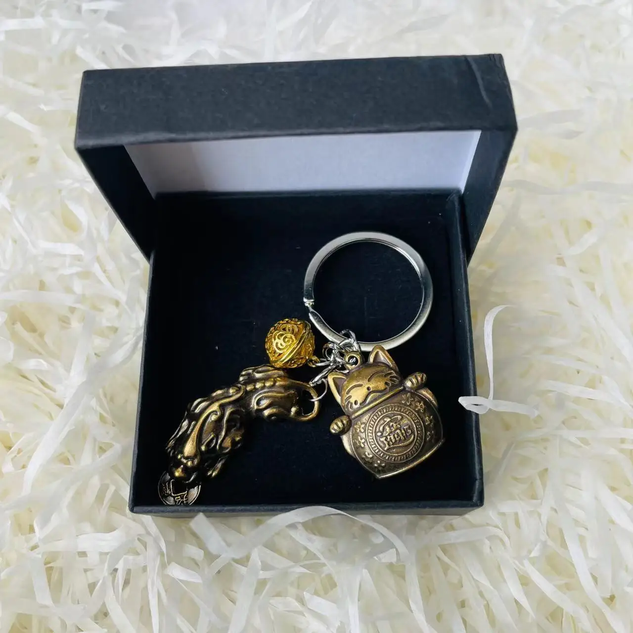 Chinese Protection Against Evil Spirits Pi Xiu Wealth Collection Cat Golden Hollow Bell Combination Keychain Gift Box 2pcs Set