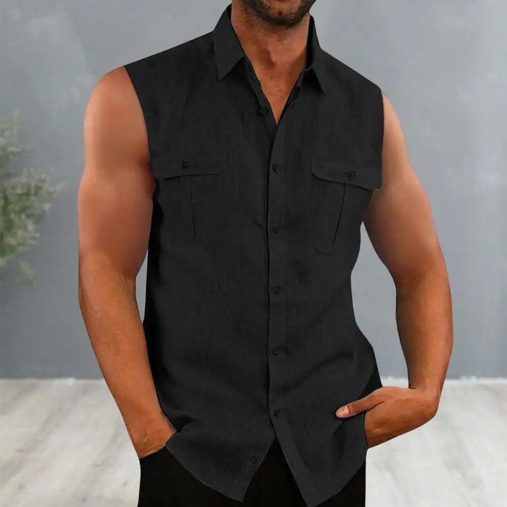 2024 New Summer Men's Linen Tank Tops Casual Solid Color Turn Down Collar Sleeveless Shirts Pockets Fashion Streetwear Vest