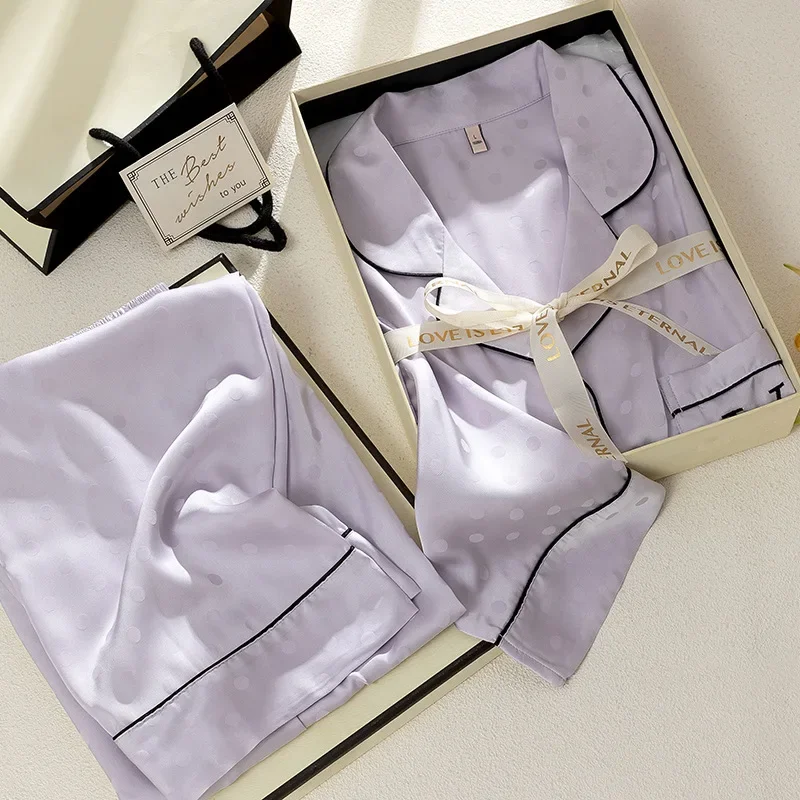 

Рубашка с длинными рукавами и брюки, фиолетовый пижамный костюм с принтом, женская роскошная домашняя одежда из ледяного шелка, домашняя одежда, осенне-весенний комплект для сна, сексуальный наряд