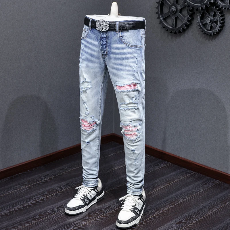 High Street Fashion Men Jeans Retro Light Blue Stretch Skinny Fit Pink Patched Ripped Jeans Men Brand Designer Hip Hop Pants