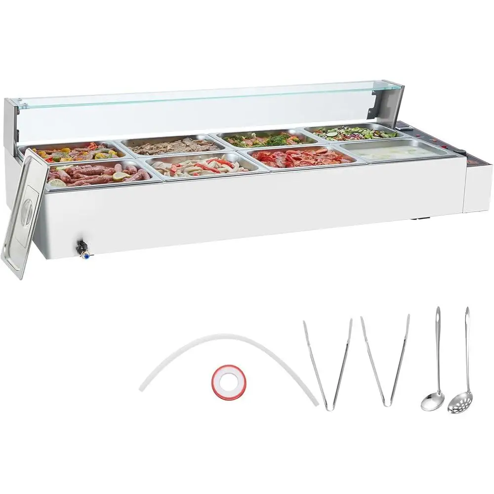 8-Pan Electric Food Warmer 3200W Countertop Bain Marie with Glass Cover Stainless Steel Buffet Steam Table Food Pan Set