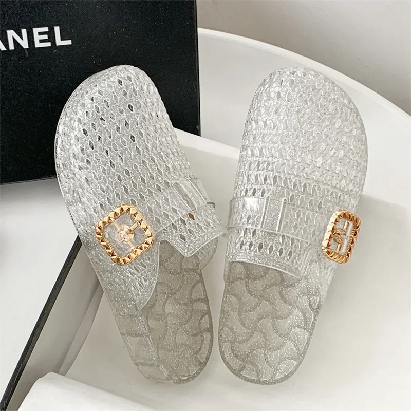 المتخصصة تصميم المرأة شقة شفافة باوتو النعال الصيف الجوف خارج النعال الكبار الفتيات عدم الانزلاق المنسوجة نصف النعال الإناث #4