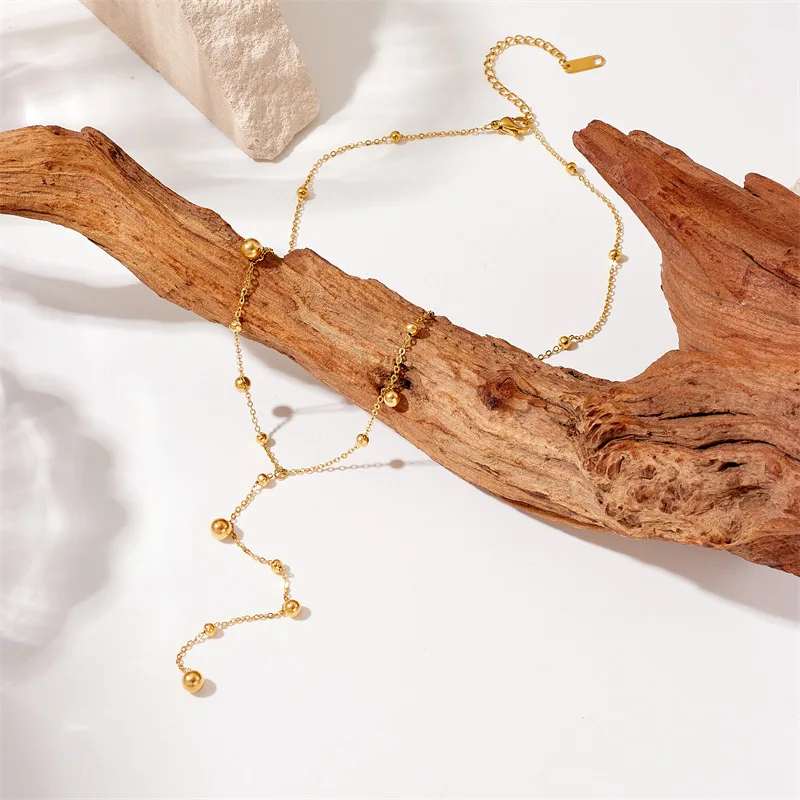 316L Stainless Steel Gold Color Beads Long Pendant Necklace For Women Fashion Choker Clavicle Chain Jewelry Gift Wedding image 2