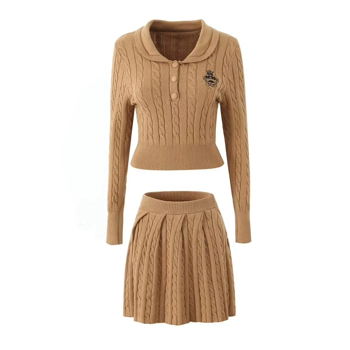 Women Long Sleeve V Neck Button Up Twist Cardigan Sweater + Pleated Mini Skirt Set