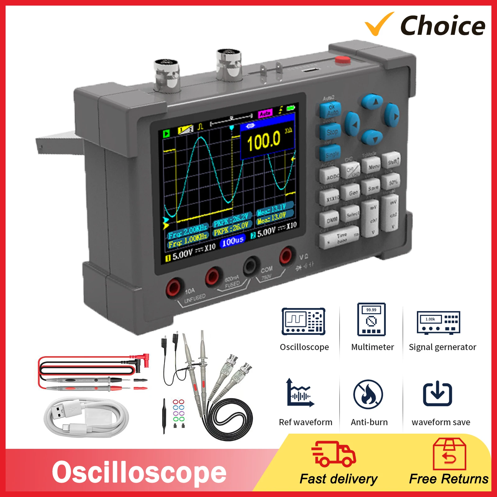 Oscyloskop cyfrowy 3w1 multimetr Generator sygnału podwójny kanał 120Mhz szerokość pasma 250MSa/s częstotliwość próbkowania ręczny oscyloskop