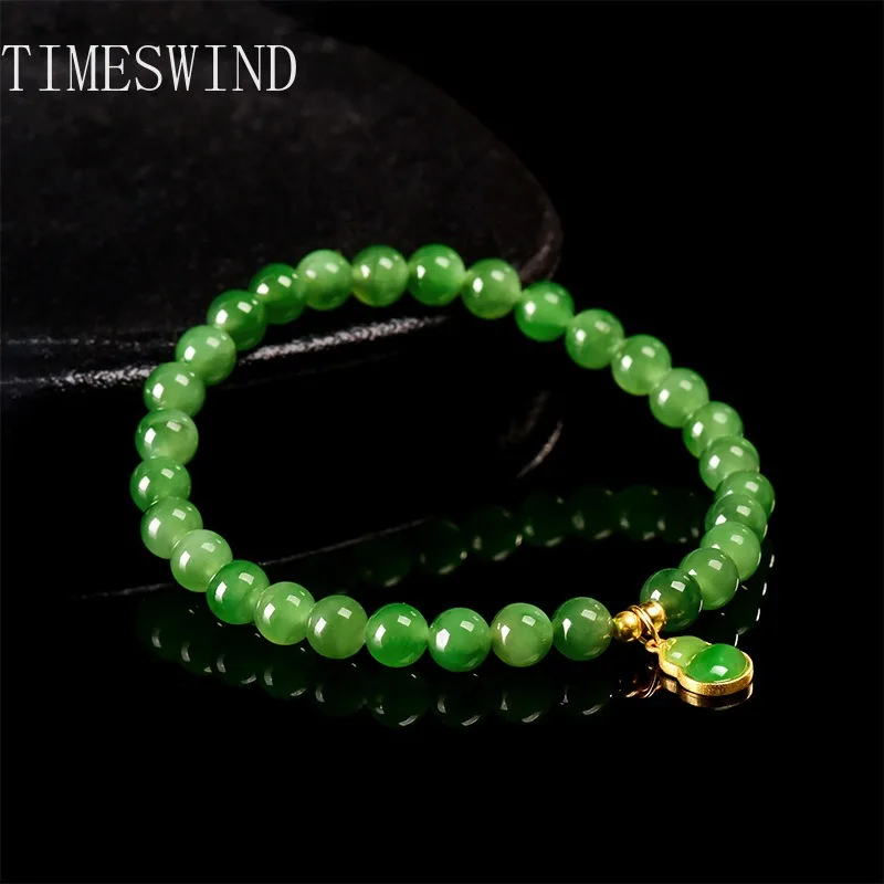 

TIMESWIND Original Jade Green Natural Round Beaded Gourd Pendant Women Bracelet with Certificate