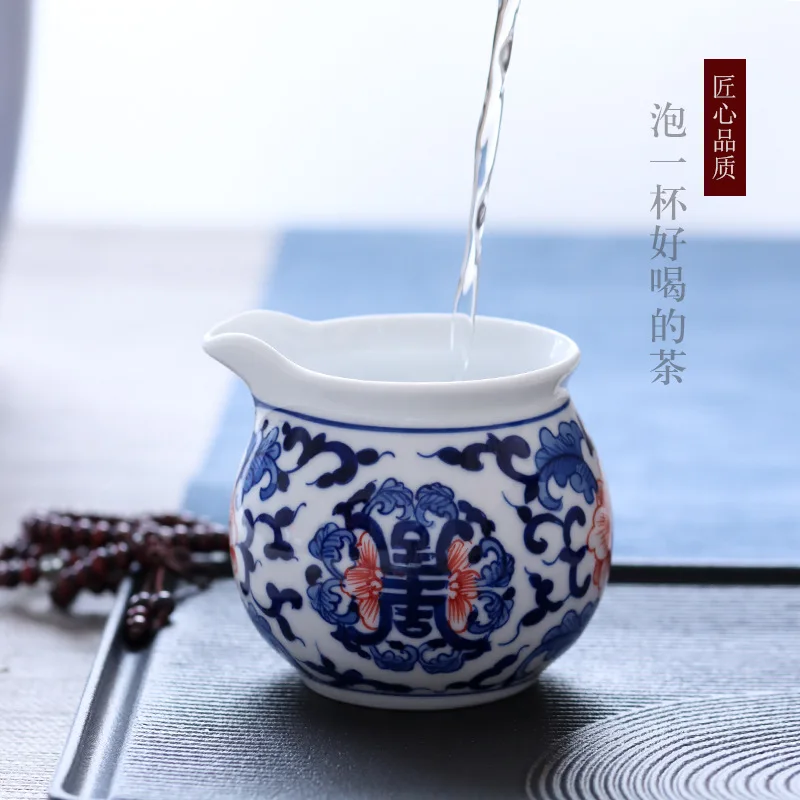 Jingdezhen Hand Painted Ceramic Blue and White Glazed Red Tuanshou Pitcher Ceremony Utensils Pot Uniform Cup