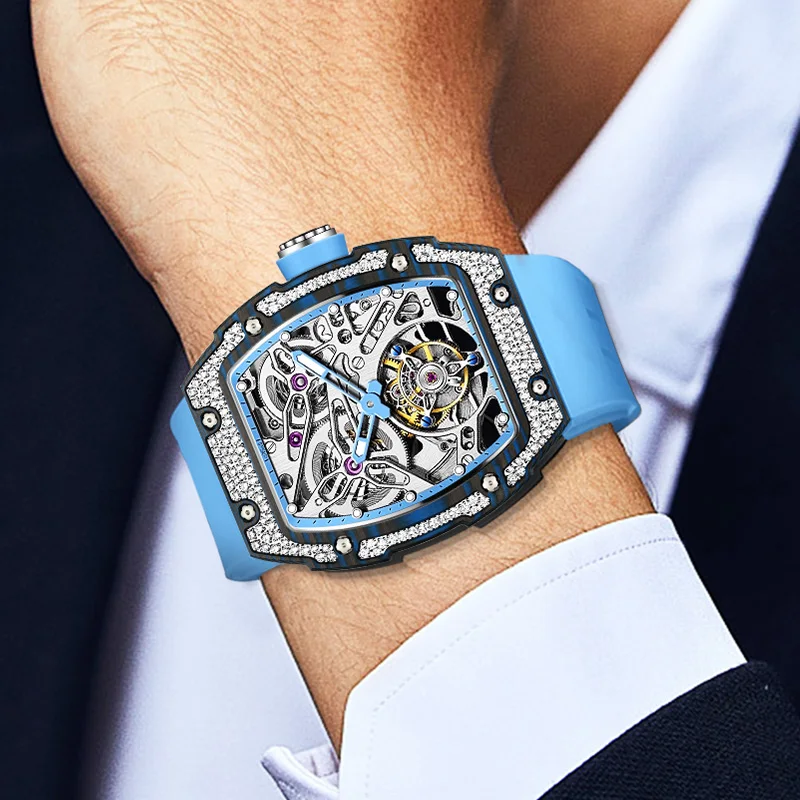 Haofa Luxury Carbon Fiber Diamond Case Automatic Tourbillon Watch Skeleton Mechanical Watch Sapphire Waterproof Luminous 1901-3