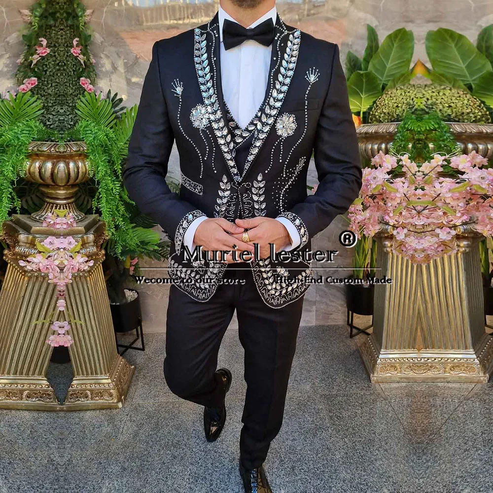 Luxury Crystals Beaded Stone Suits Men For Wedding Tailored Made Business Banquet Prom Blazer Groom Tuxedo Male Fashion Clothing