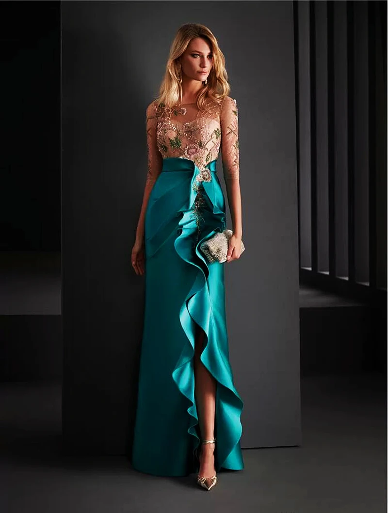 Elegant Slit Mermaid Formal Evening Dress Satin Half Collar Side Sleeve Women\'s Prom Dress Cocktail Dress