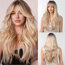 Long Blonde Highlight Synthetic Wigs for Women Ombre Blonde Wig with Bangs Natural Looking Daily Party Hair Heat Resistant Fiber