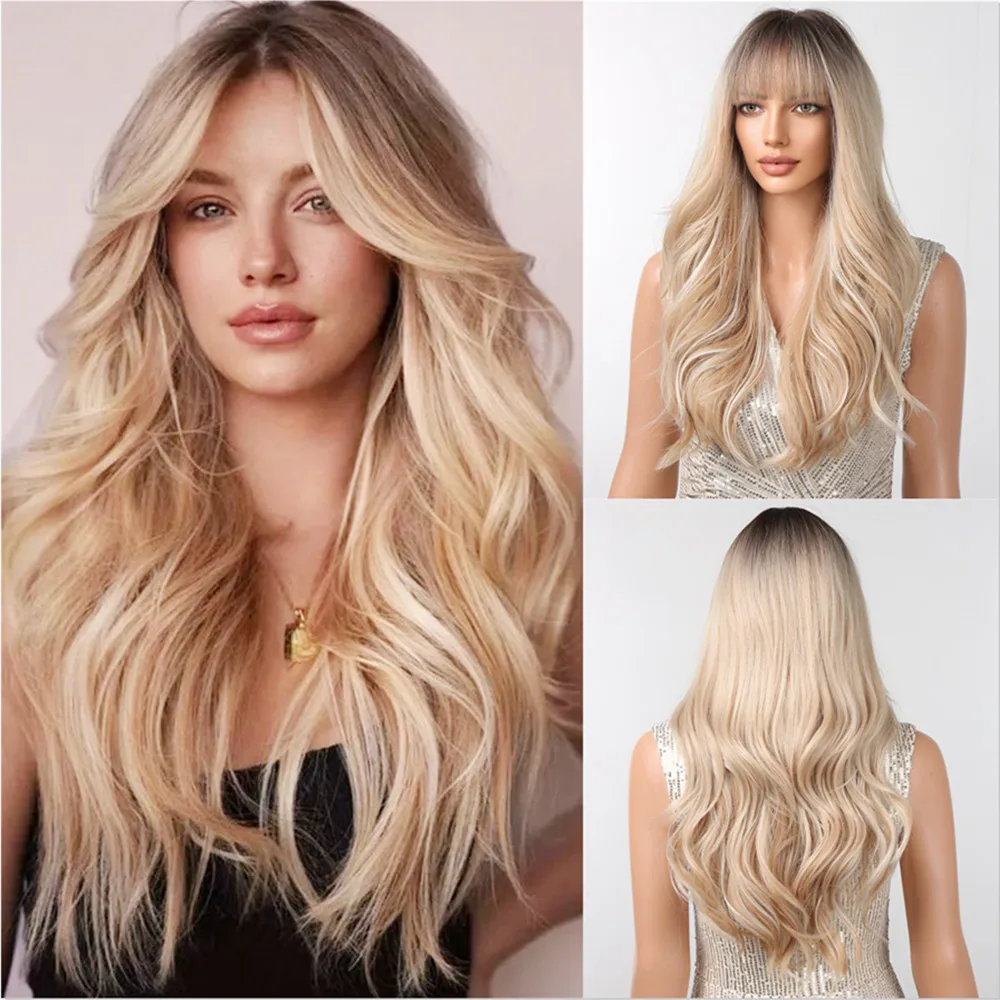 Long Blonde Highlight Synthetic Wigs for Women Ombre Blonde Wig with Bangs Natural Looking Daily Party Hair Heat Resistant Fiber