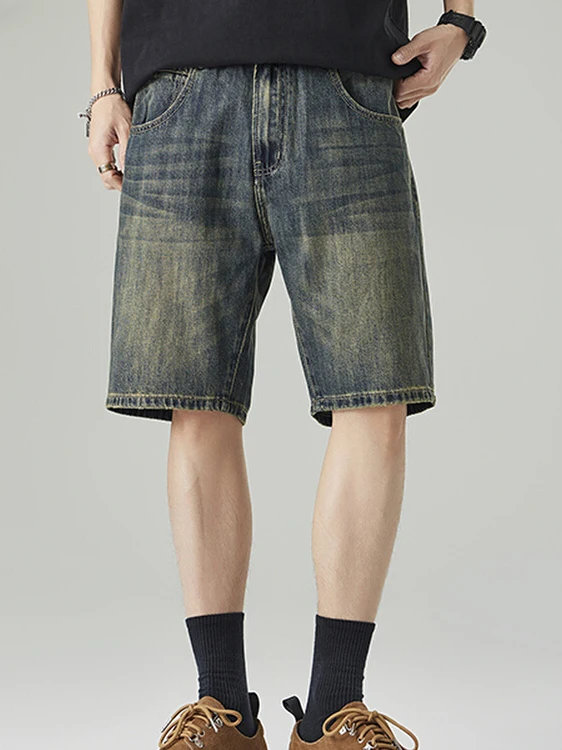 

Модные свободные мужские джинсовые шорты длиной до колена, прямого кроя, повседневные летние джинсы с высокой талией, молодежные, прямые, в стиле кэжуал