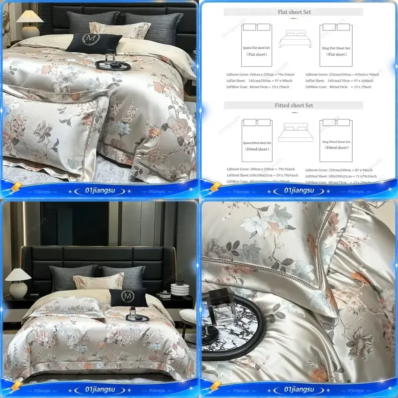 1000TC Egyptian Cotton Bedding Set Luxury Satin Silky Brocade Jacquard Duvet Cover Flat Fitted Sheet Pillowcases Blooming
