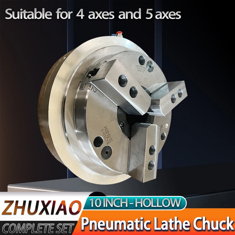 Hollow Pneumatic Lathe Chuck, 3 Jaw Front Type, Four-Axis, Five-Axis Chuck,Rotatable Machine Tool, Lathe Fixture, 10 inch