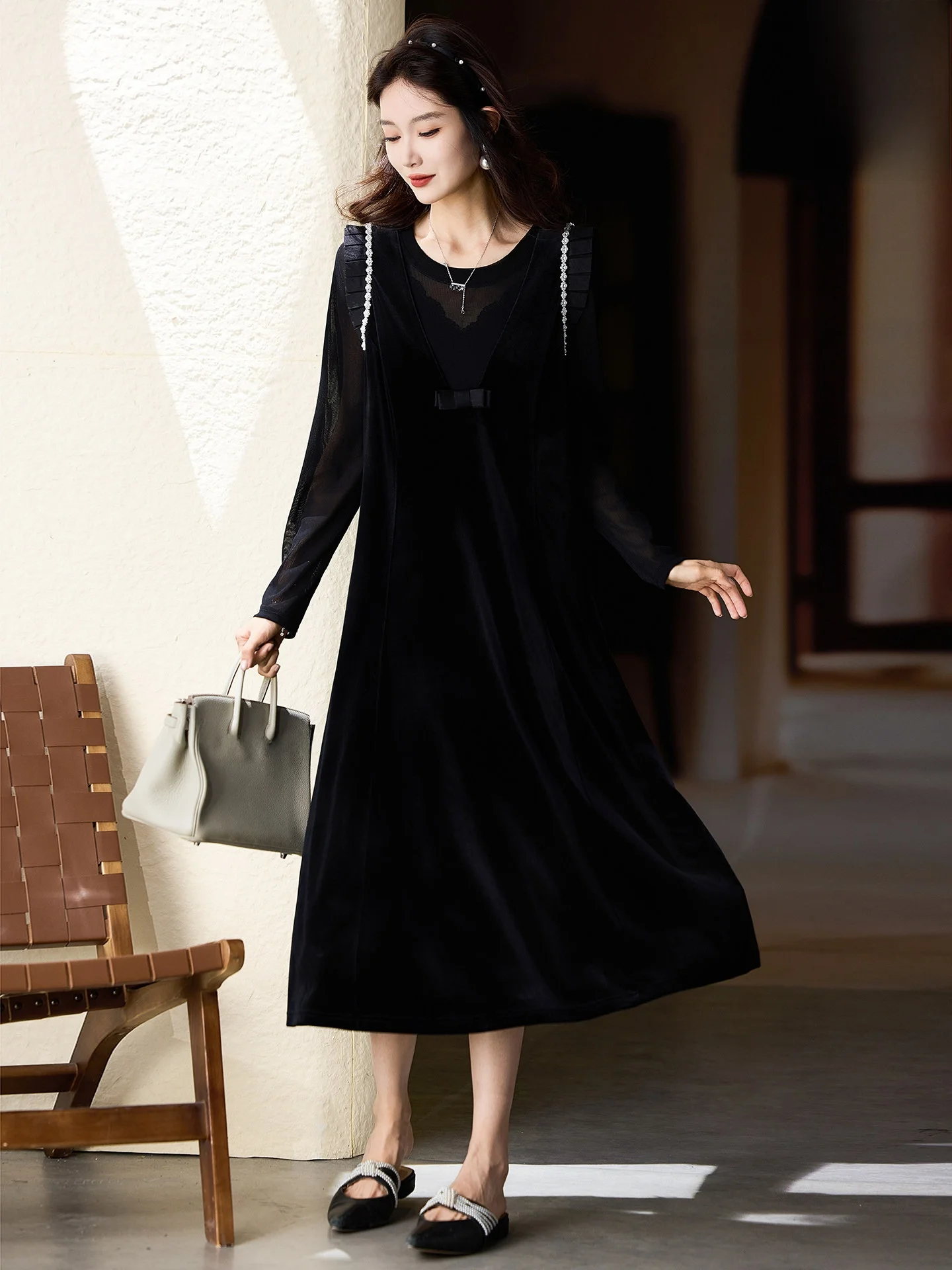 

Ele Velvet Two-Piece Set Dr Women's Autumn New Sle Street Sle round Ne Loose Waist Long Sve A-Line Skirt